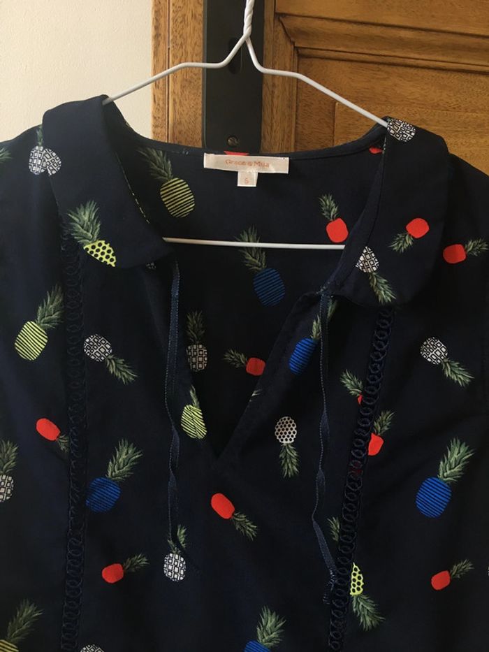 Blouse bleu marine motifs ananas dentelle Grace & Mila - photo numéro 4