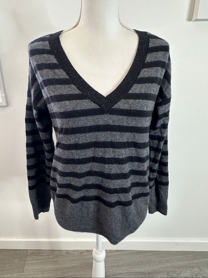 Pull marinière cachemire et laine gris et noir pailleté Maison 123 T38 M
