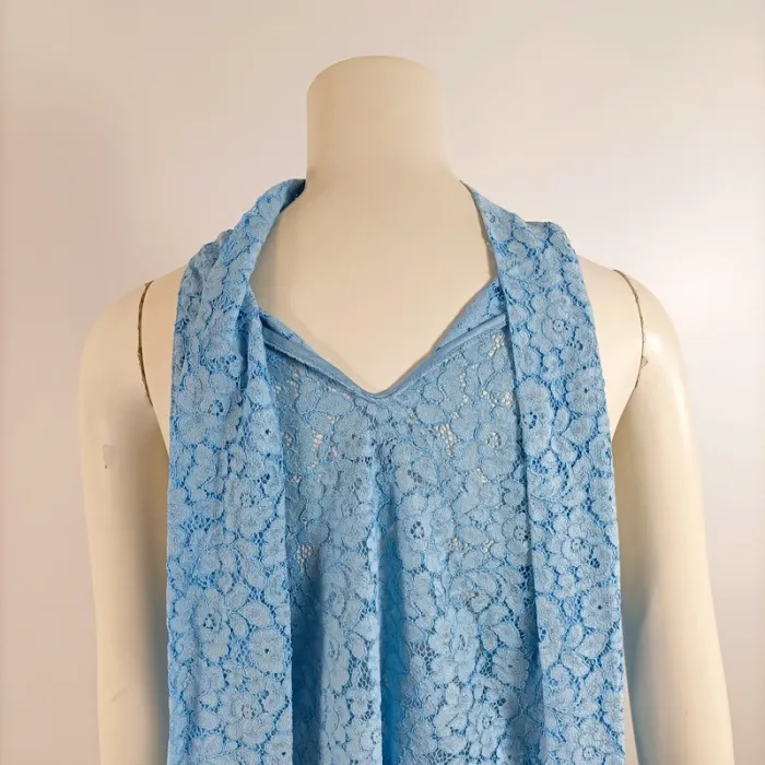 Top long tunique bleue ZARA col montant dentelle ajourée taille M sans manches mariage A1557 - photo numéro 8