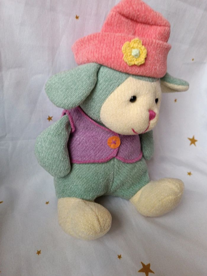 Peluche plush Teddy doudou sample bille bonnet chapeau cap gilet vert green mouton animal sheep - photo numéro 5