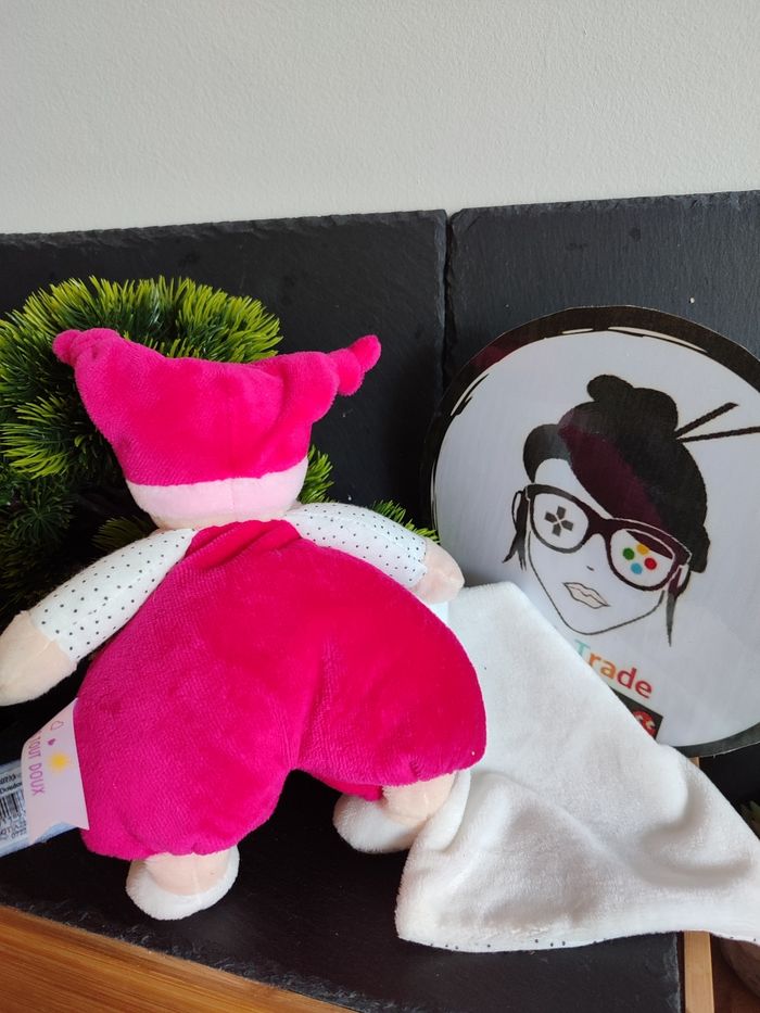 doudou baby nat' brioche rose fushia mouchoir blanc pois point noir beige bonnet bn0733 - photo numéro 2