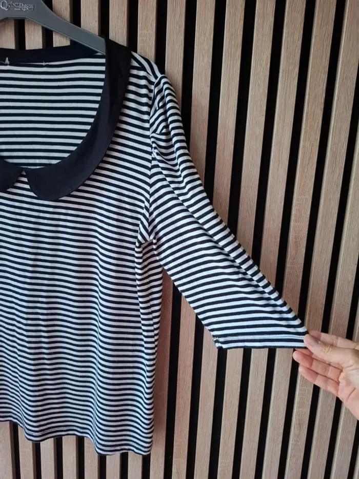 Blouse manches 3/4 marinière rayée noire et blanche T 46/48 - photo numéro 3