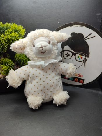 Doudou mouton blanc pois Avène Pédiatril 18 cm peluche collerette Vert Jaune 
