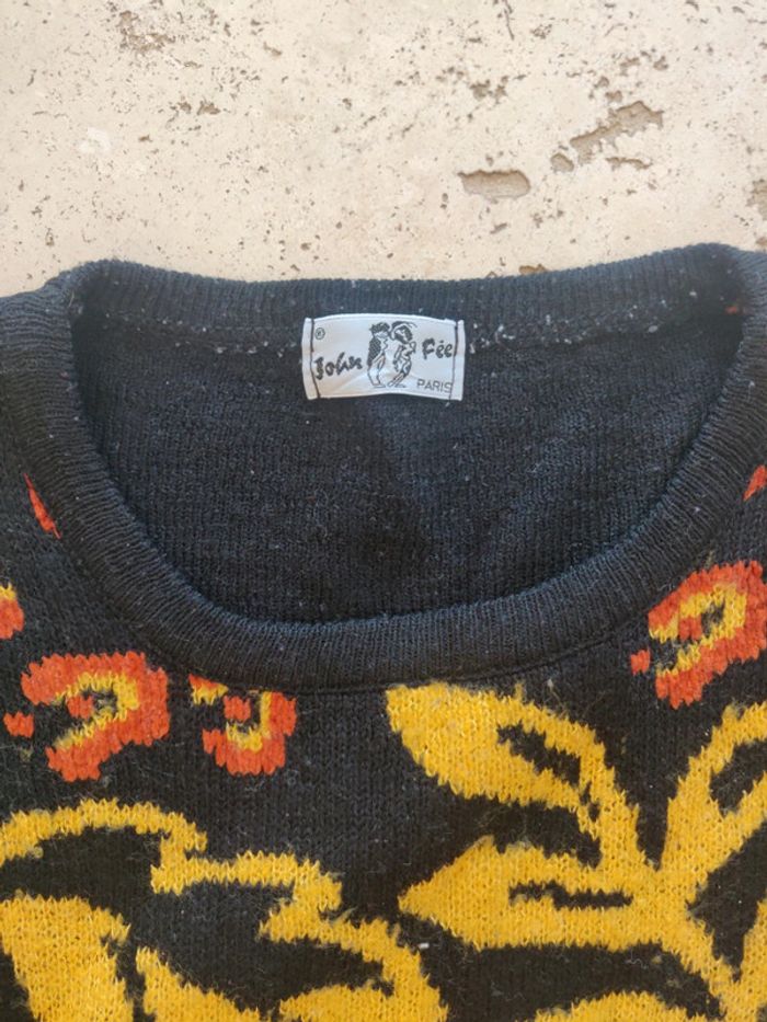 Pull vintage en chenille et laine années 80 motif guépard jungle - photo numéro 3