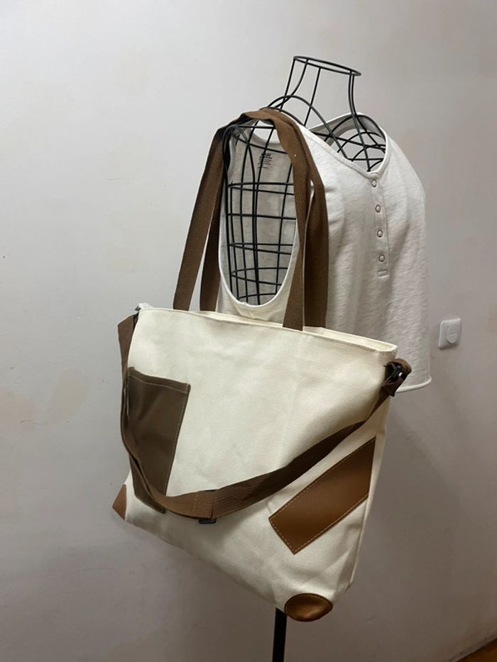Sac fourre-tout toile marron blanc - photo numéro 4