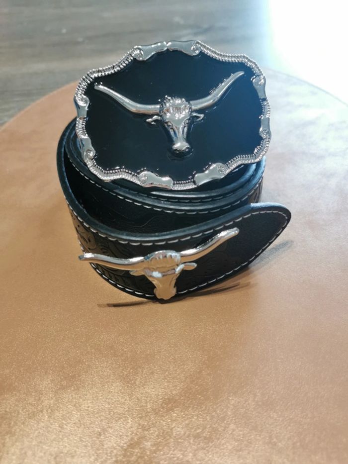 Ceinture de cowboy country taureau argenté et noir