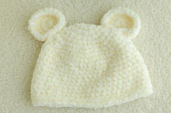 Bonnet bébé crochet fait main – fil velvet – oreilles ours – naissance / 0-3 mois