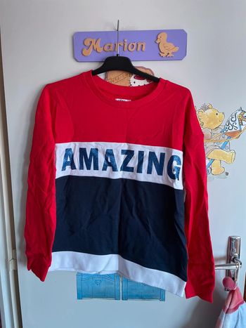 Pull rouge, bleu marine et blanc à motifs, taille 14 ans, marque Gemo.