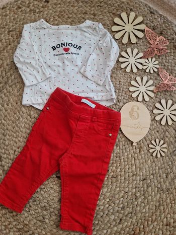 Ensemble t-shirt a pois et jean rouge obaïbi bebe fille 6 mois