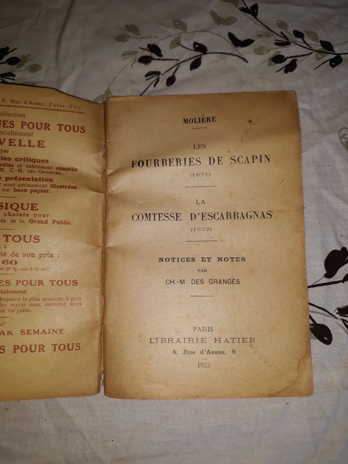 Faby27800 Livre Fourberies de Scapin Molière La comtesse d'Escarbagnas Ancienne édition 1922