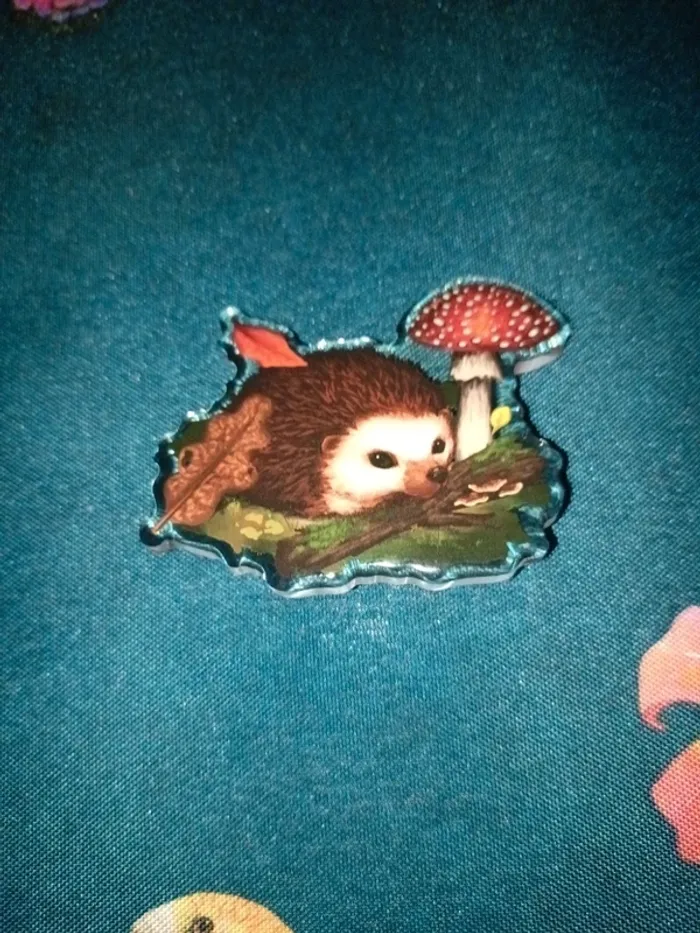 Broche hérisson champignon acrylique association cadeau
