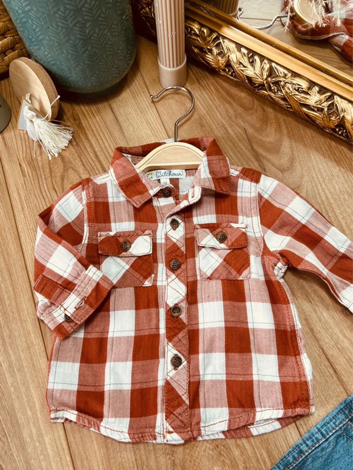 Taille 1 mois ensemble 3 pièces garçon Kiabi blanc brique et bleu jean * carreaux * 💙 - photo numéro 2