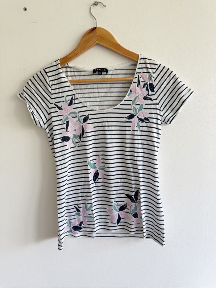 T-shirt manches courtes blanc bleu marine à motifs Caroll taille 36 S