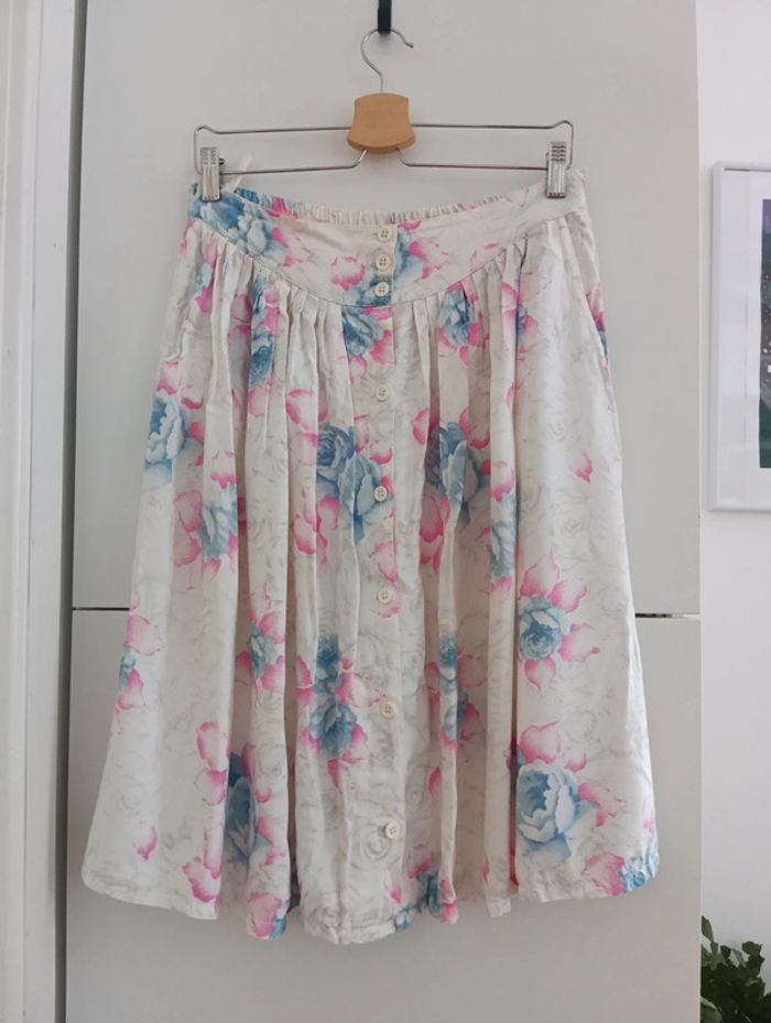 Jupe vintage viscose écrue fleurs bleu/rose