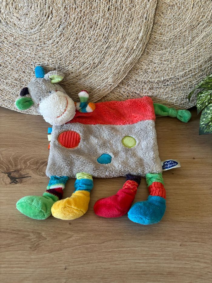 Neuf doudou plat vache multicolore mots d enfants - photo numéro 2