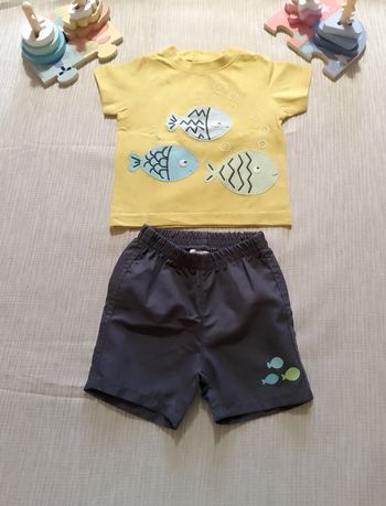 Ensemble été bébé short + tee-shirt motif poissons – 6 mois – Très bon état
