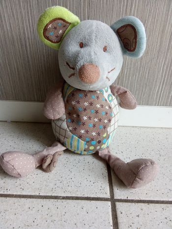 Doudou souris beige, blanc, motif, vert anis,  beige,  gris, pattes, queue