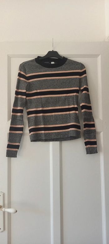 Pull rayé gris noir rose H&M 38