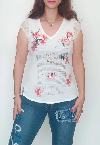 T-shirt été blanc motif roses taille 38