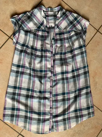 Tunique robe fluide Promod T 38 à carreaux gris violet manche courte