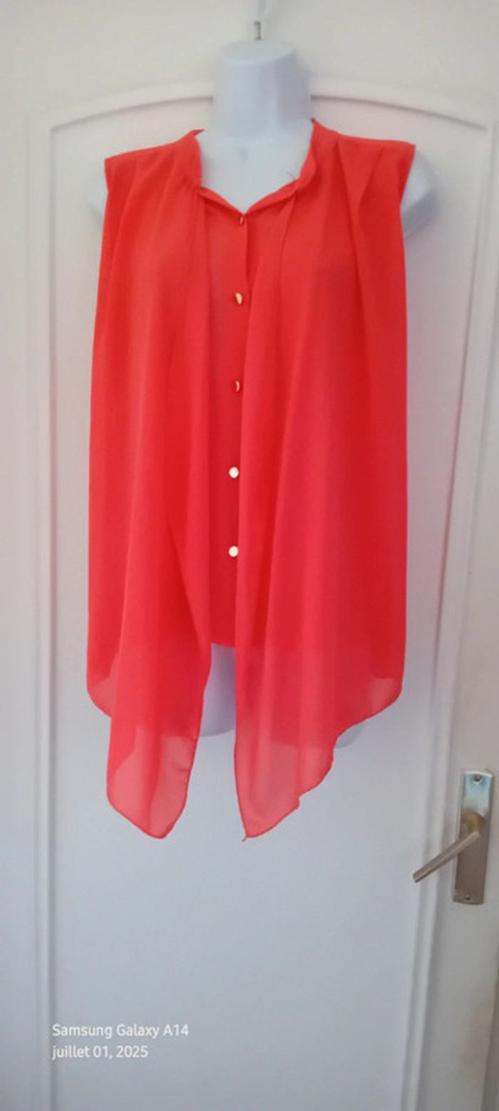 Blouse en voile sans manches assymetrique effet superposé corail femme xl made in italy - photo numéro 8