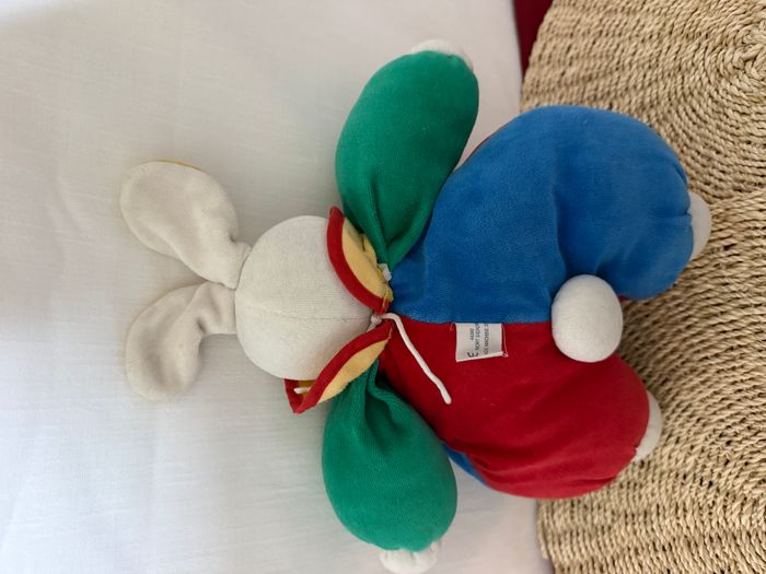 Ancien doudou Lapin bleu rouge vert 35 cm Moulin Roty - photo numéro 4