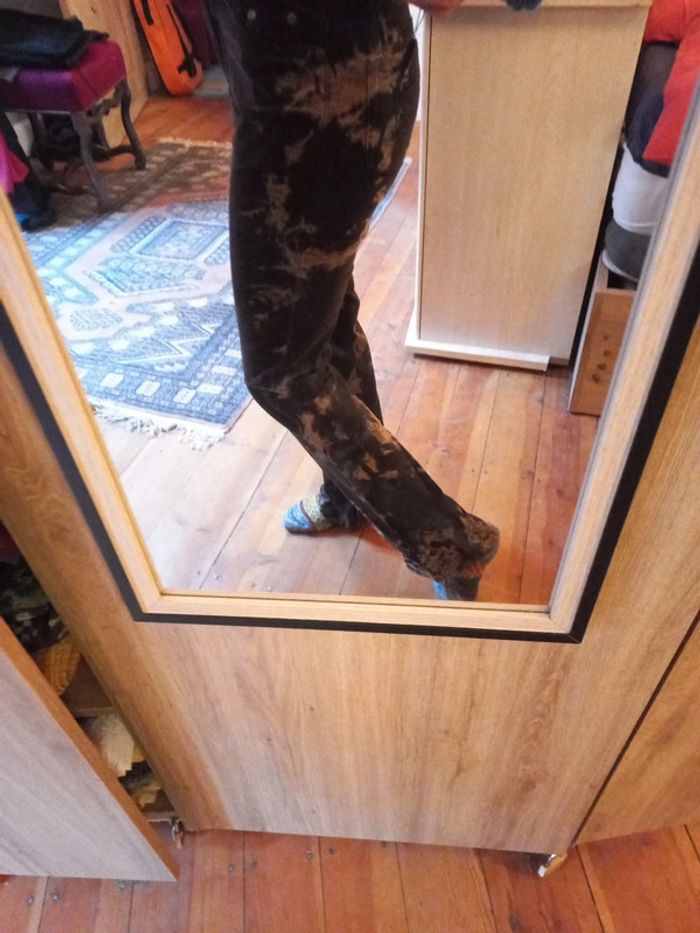Superbe pantalon moulant type velours marron rare stylisé taches claires rétro - photo numéro 5