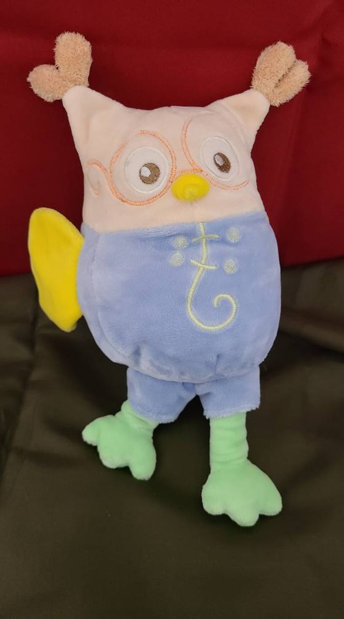 Peluche Doudou Hibou bleu beige jaune Nounours
