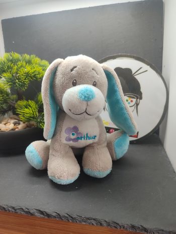 Doudou Chien gris bleu Bebisol Arthur et Lola Blanc Violet Fleur Peluche PE0083