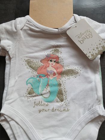 lot de 3 bodies fille manches courtes la petite sirene disney 56 cm 1/3 mois