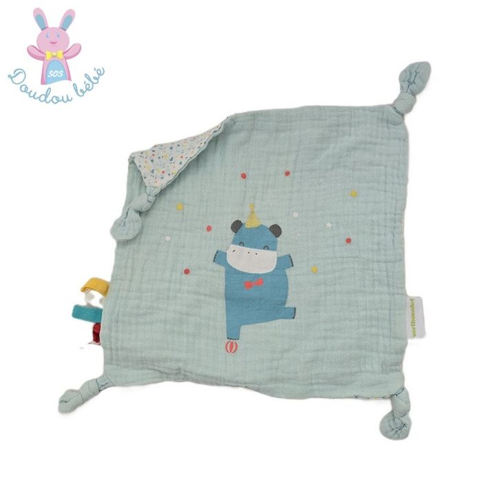 Doudou plat lange Hippopotame bleu blanc étoiles Vertbaudet