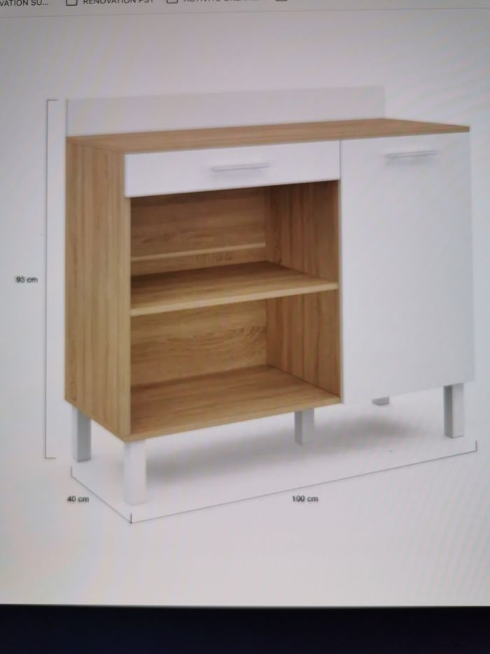 Buffet de Cuisine Cina Plan de Travail H 93cm L 100cm l 40cm 1 Porte + 1 Tiroir Façon Hêtre et Blanc - photo numéro 3
