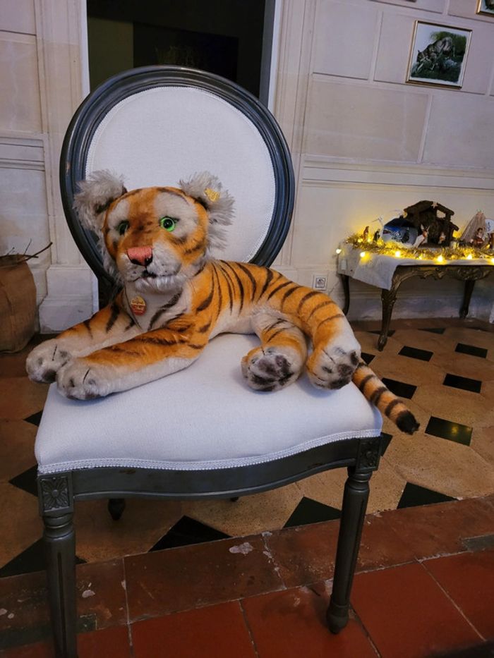 RARE Grand tigre peluche rigide ancien Steiff 60cm yeux verts doudou collection Inde - photo numéro 10