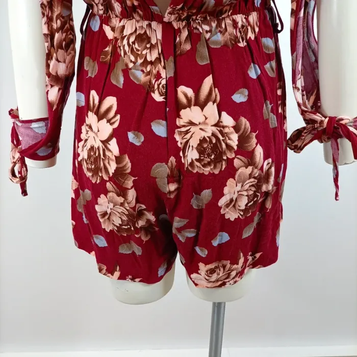 Combishort rouge fleuri décolleté cache-cœur taille XL manches longues nouées A1561 - photo numéro 11