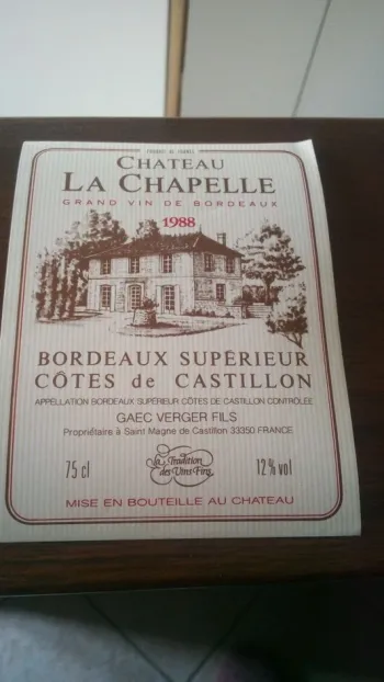 étiquette de Vin château la chapelle bordeaux supérieur côte de Castillon 1988
