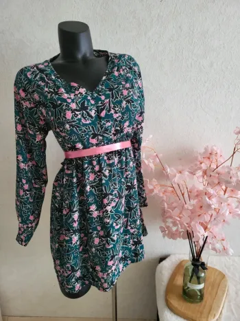 Robe fleuri fluide volant manches longues - vert rose noir blanc - gemo - taille 46