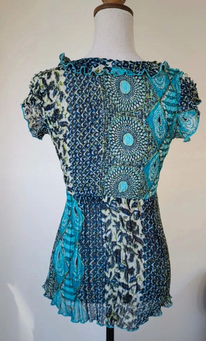 Blouse manches courtes à motifs bleu marine turquoise et vert anis Julie Guerlande Taille 1 ou 34 - photo numéro 4