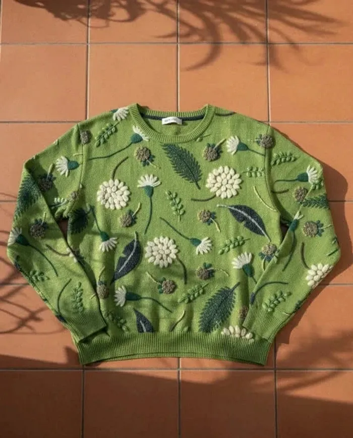 Pull vert imprimé fleuri relief, taille S, style rétro bohème chic