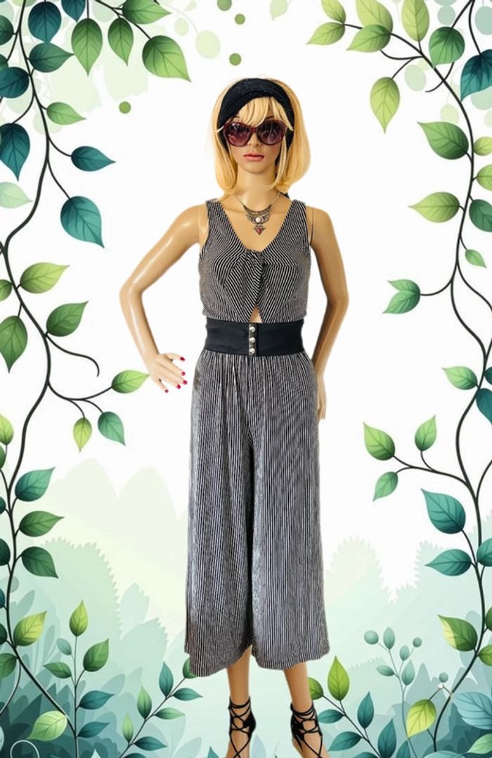 🖤🌿Combinaison rayée estivale boho city chic summer black striped Wide leg jumpsuit🌿🖤