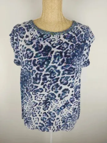 Blouse / top manches courtes léopard violet noir bleu blanc taille L Sud Express