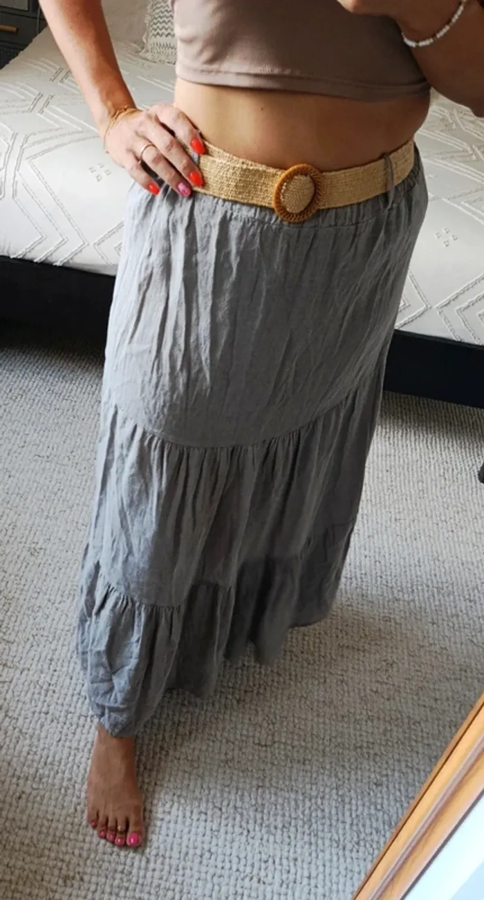 Jupe longue by Coco Bohème neuve 50% coton 50% lin gris beige taille élastique avec ceinture - photo numéro 4