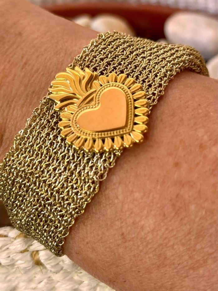 Bracelet manchette large fils tissés or cœur ex-voto chaîne réglable acier inoxydable or - photo numéro 2