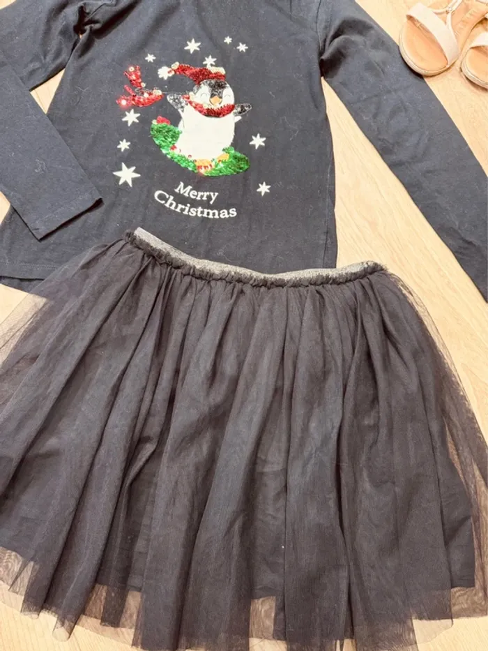 Taille 10 ans tenue 2 pièces fête Noël fille Monoprix Kloane noir * pingouin sequin * 🎄 - photo numéro 3