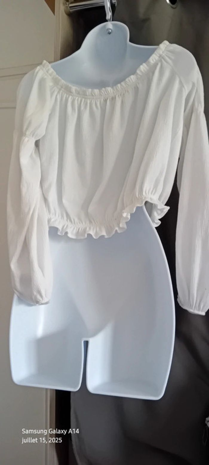 Blouse courte col Bardot elastique aspect plissé blanc femme L bershka - photo numéro 7