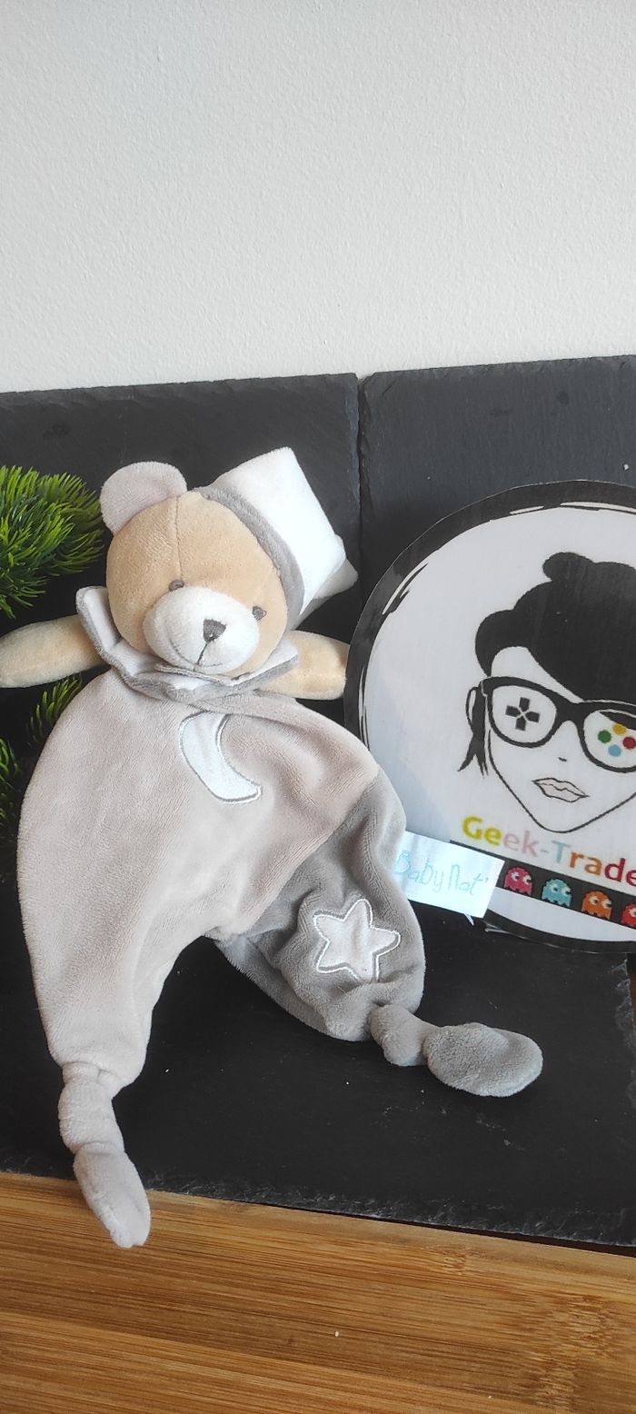 Doudou Baby nat Ours Luminescent Plat Etoile Lune beige Bn0138 gros bonnet noeud