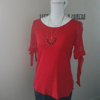Blouse rouge chic soirée cérémonie manches courtes voile Camaïeu