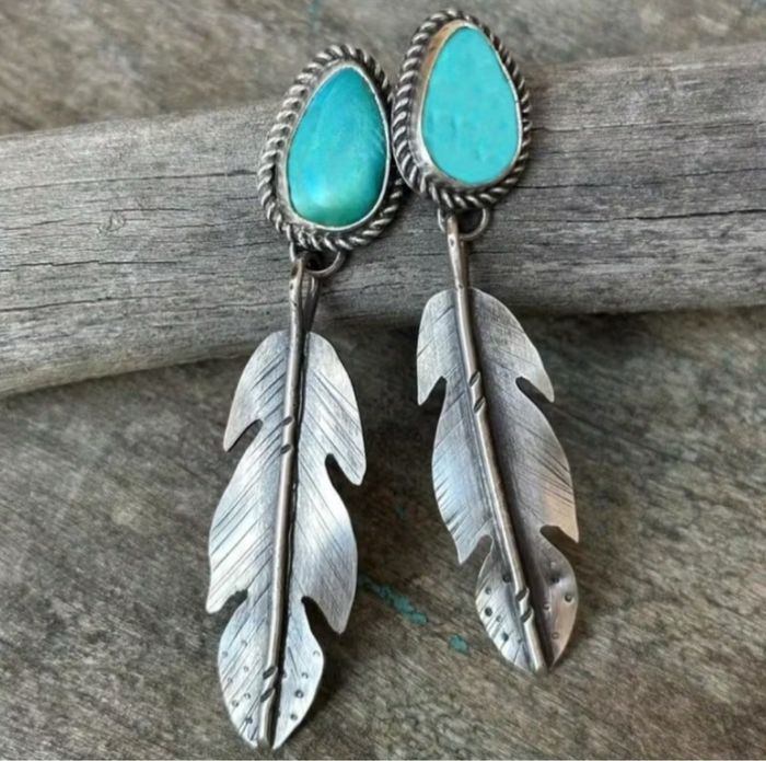 Boucles d’oreilles plumes turquoise style amérindien western vintage bijou argenté élégant, neuf - photo numéro 2