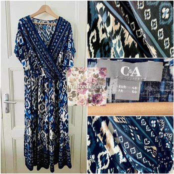 Très belle robe longue C&A taille 50 bleu écru motif Ikat - photo numéro 3