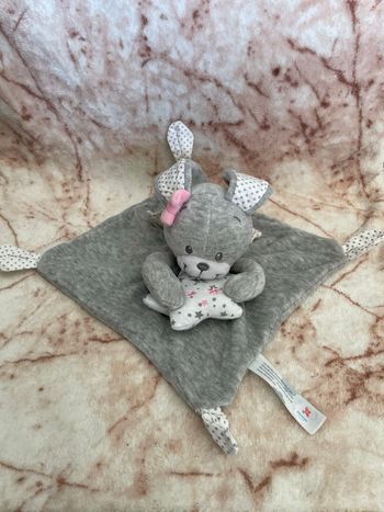 Doudou plat lapin gris rose ange étoiles Nicotoy