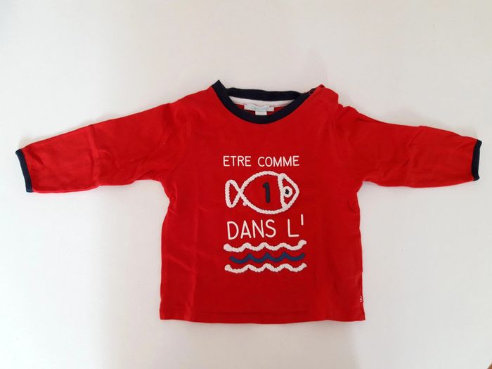 Swearshirt Obaidi rouge, col marine, motif Poisson Etre comme un poissson dans l'eau, Obaïdi, 12mois